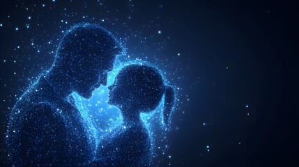 Poster - Ethereal couple embrace depicted in interconnected blue lines and points against a dark star-filled backdrop. Symbolizes connection, technology, and modern love. Abstract wireframe in dark blue.