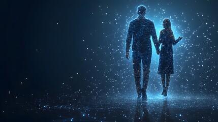 Fototapete - Futuristic digital couple walking, holding hands in a connected blue network. Soft light illuminates the figures in the dark blue, technology-filled space. Abstract wireframe in dark blue