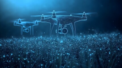 Poster - futuristic drone technology visualized with blue wireframes. detailed foreground drone showcases pro