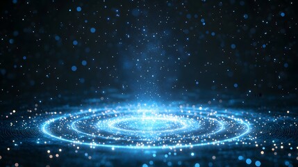 Poster - Stunning cosmic formation glows against the dark. Abstract wireframe design with a central burst of light creates a mesmerizing, technological singularity. Abstract wireframe in dark blue.