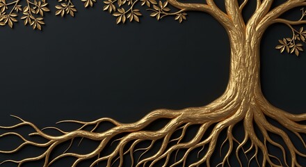 Poster - Luxurious golden tree design with intricate roots and branches against a dark backdrop, showcasing elegance and nature's beauty.