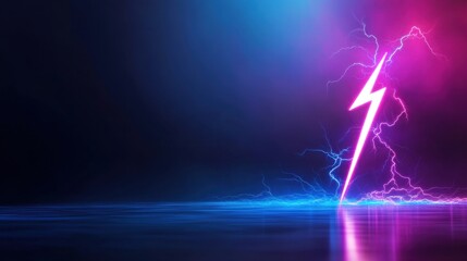 Poster - Electric neon lightning bolt with glowing blue and purple edges, abstract power energy symbol on dark backdrop