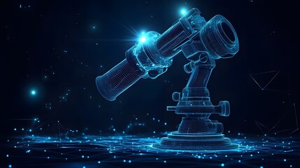 Poster - Wireframe telescope glows against a dark digital backdrop. Precision engineering meets abstract art. Perfect for science, technology, or conceptual imagery. Abstract wireframe in dark blue