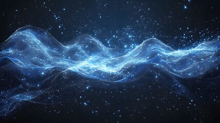 Poster - Ethereal waves of data shimmer against a cosmic backdrop. A mesmerizing display of interconnected particles creates a sense of flow and vastness. Abstract wireframe in dark blue.