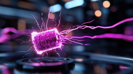 Poster - Energy bolt glowing in hot pink neon with surrounding electric arcs and sparks in an abstract tech style