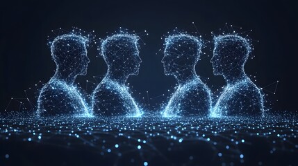 Aufkleber - Futuristic digital humans emerge from data streams, symbolizing AI and interconnectedness. Abstract wireframe in dark blue embodies technology and digital identity. Perfect stock photo.