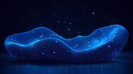 Leinwandbilder - Luminous blue dots create an undulating digital terrain against a cosmic backdrop. Reflections enhance realism. A visually striking abstract wireframe in dark blue.