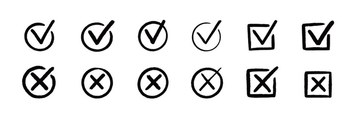 Aufkleber - Check tick mark icon set. Cross box x check mark checkbox v list vector draw hand drawn sketch doodle brush marker checklist symbol wrong right circle. Vector Illustration