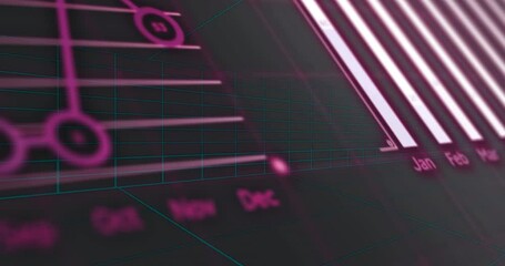 Poster - 3D neon bar chart being visualized in dark grid space, featuring cyan lines and pink code