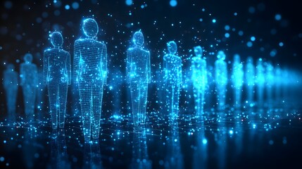 Aufkleber - Futuristic figures rendered in blue wireframe stand in digital light. Reflections enhance the high-tech scene. Abstract wireframe in dark blue. Promotes innovation and technology.