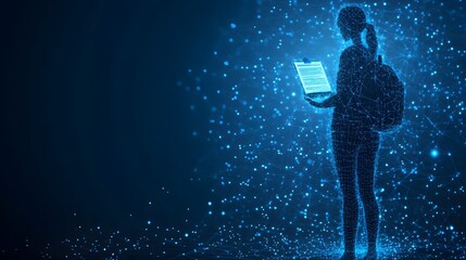 Poster - Futuristic digital avatar studying data. Person with clipboard and backpack in blue wireframe style. Glowing nodes connect lines, creating a virtual reality scene. Abstract wireframe in dark blue.
