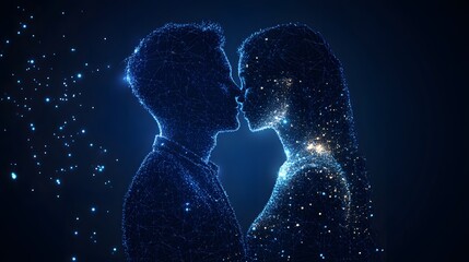 Aufkleber - Digital love in the network era. A connected couple, represented by blue wireframe lines, symbolizes modern relationships and technology. Abstract wireframe in dark blue.