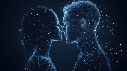 Poster - Futuristic love: A digital couple rendered in interconnected points, poised for a kiss. Symbolic of modern romance and technology's embrace. Abstract wireframe in dark blue.