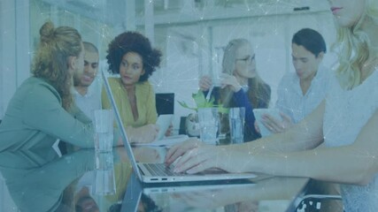 Poster - Six colleagues discussing business data around glass-top table, with animated graph icons floating