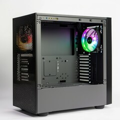 Poster - A computer case with a transparent side panel and RGB fan, designed for custom builds. on white background