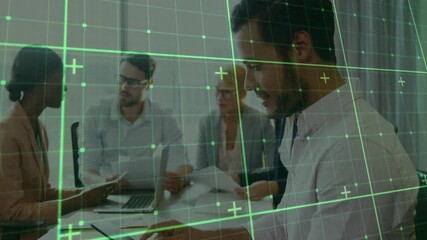 Poster - business team collaborating around table with laptop, translucent grid overlaying data charts