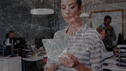 Poster - Woman using tablet in business office, manager talking on smartphone by whiteboard with data charts