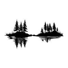 Wall Mural - Simple trees lake mountain linear illustration silhouette nature vector