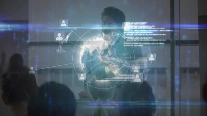 Poster - Female presenter leading business talk, showing holographic globe, network icons, code overlays