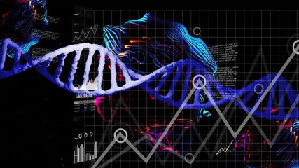 Aufkleber - DNA double helix glowing and rotating in 3D render interface, with neon waveforms and data charts
