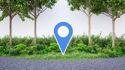 Poster - Blue marker positioned among trees in a natural setting, representing the concept of location and work ownership