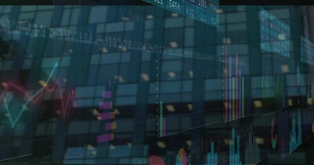 Poster - Displaying semi transparent financial charts floating over glass building exterior with 3D graphs