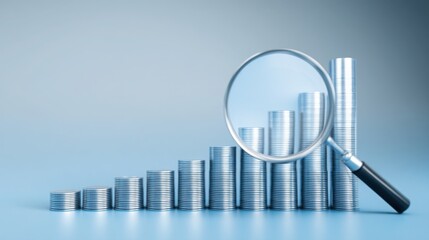 Poster - Magnifying glass positioned over a stack of coins symbolizing cost forecasting and insight into financial future