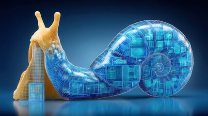 Poster - Snail crafted from blue and yellow wire symbolizing data-calibrated fibonacci arc concept focused on ratio perfection