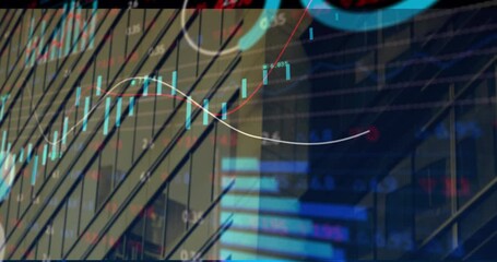 Poster - Candlestick chart being visualized on skyscraper facade, with red trend lines and data overlays