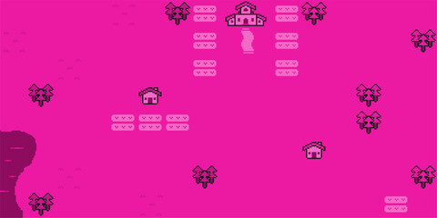 Poster - Bright Pink Pixel Art Style Village with Houses Texture Background, Top-view