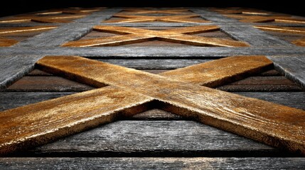 Poster - Rustic wooden cross placed on a natural wooden floor representing minimalist design and spiritual symbolism in art