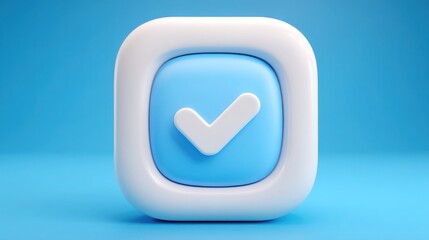 Poster - Distinctive blue and white button featuring a tick symbol in a minimalist design representing trend indicator concept