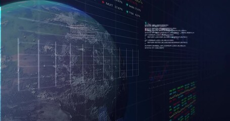 Poster - Earth globe rotating in interface, code blocks scrolling, stock tickers flashing and charts rising