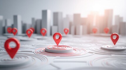 Poster - A city landscape with red markers indicating growth potential and profit zones in a financial context