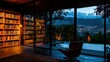 © Berkah1789 - Interior of a library overlooking a beautiful city at dusk