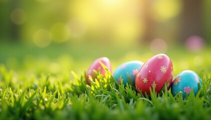  Colorful Easter eggs hidden in spring grass, ready for a hunt , background, elements