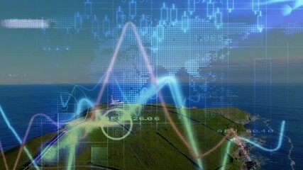 Poster - Showing winding coastal headland road with lighthouse under digital candlestick charts in 3D render