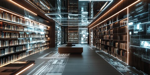 Poster - A modern library featuring interactive digital shelves and holographic screens, housed in a sleek design.