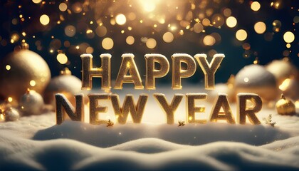Poster - Happy new year background on the snow with bokeh light background.