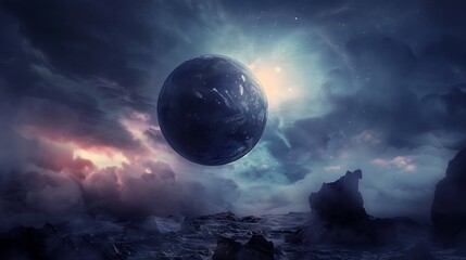 Wall Mural - surreal digital artwork of illuminated sphere floating in dramatic cloudy sky