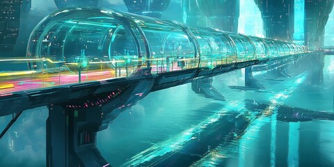 Poster - A futuristic bridge with transparent walkways and neon railings, stretching across a radiant river.