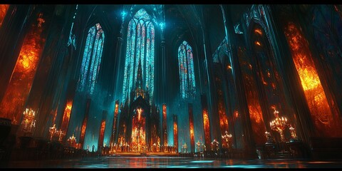Poster - An ancient cathedral illuminated by bioluminescent stained glass and radiant altars, standing in a mystical city.