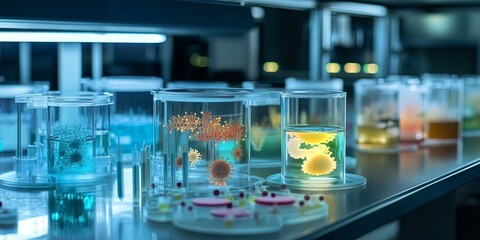 Aufkleber - A modern microbiology lab with transparent microbial cultures and illuminated pathogen models.
