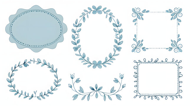 Set of Merry Christmas whimsical hand-drawn blue orange green color frames with wavy squiggle curly ribbons in trendy, vintage styles. Perfect for quirky holiday, Christmas invitation, greeting card