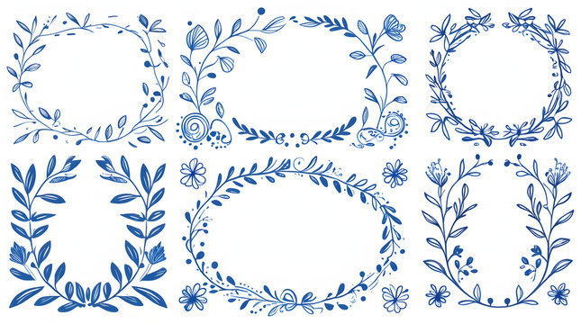 Set of Merry Christmas whimsical hand-drawn blue orange green color frames with wavy squiggle curly ribbons in trendy, vintage styles. Perfect for quirky holiday, Christmas invitation, greeting card