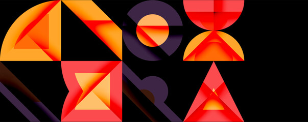 Poster - Abstract geometric shapes, vibrant orange, red hues dominate black background. Modern design, dynamic composition.