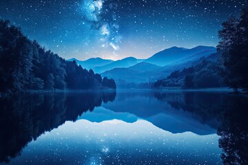 Wall Mural - Nighttime lake reflecting starry sky