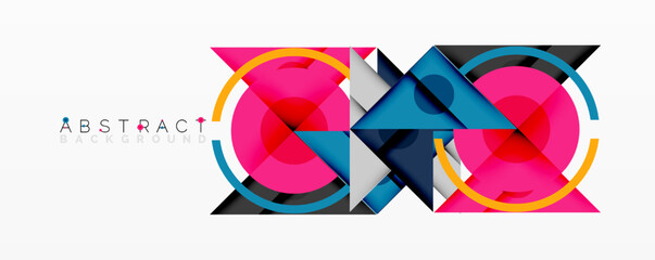 Poster - Modern abstract design. Geometric shapes overlap, creating vibrant color composition. Pink, blue, yellow elements dominate.