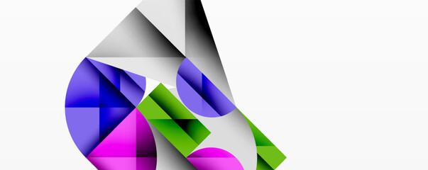 Poster - Abstract geometric shapes overlap, creating vibrant composition. Purple, green, gray tones dominate white background. Modern design.