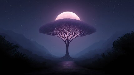 Wall Mural - Tranquil Night Landscape  Majestic Tree  Full Moon  Serene River  Mountains  Stars